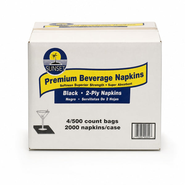 Sunset Premium Beverage Napkins Black 2-Ply 2000 ct Case (4 x 500)