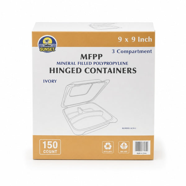 Sunset MFPP Hinged Containers 3 Compartment Ivory 9 x 9 inch 150 count